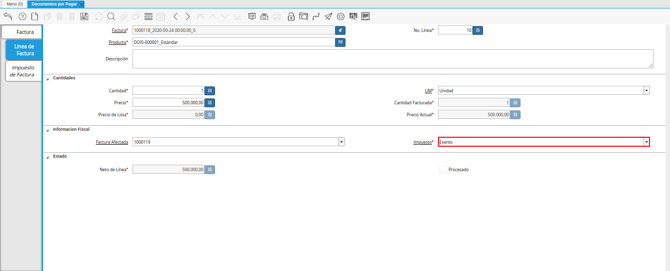 campo impuesto de la pestaña linea de factura