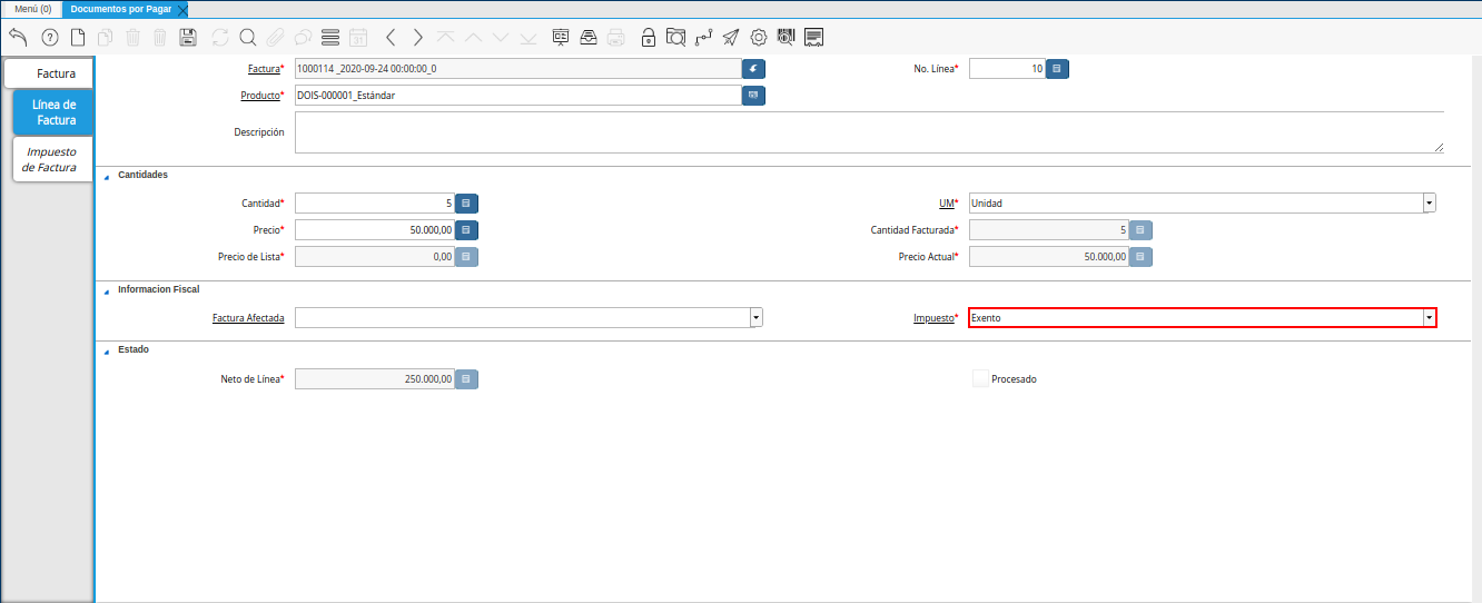 campo impuesto de la pestaña linea de factura