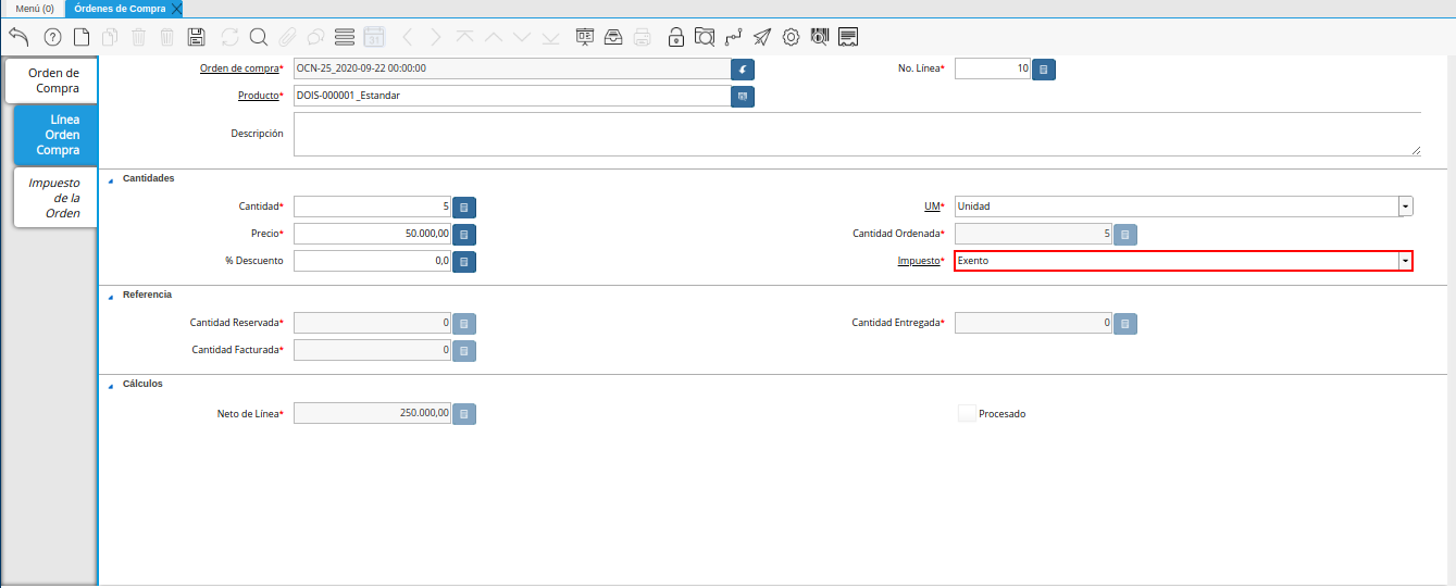 campo impuesto de la ventana órdenes de compra