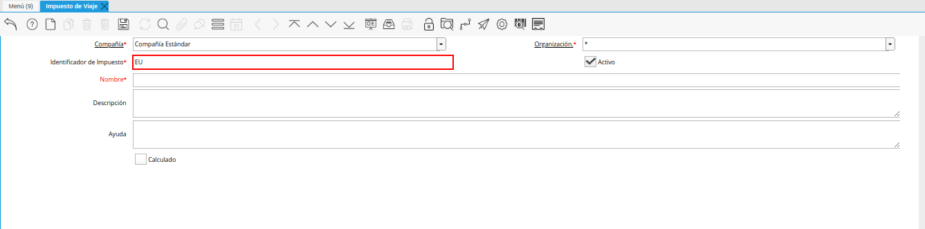 campo identificador de impuesto de la ventana impuesto de viaje