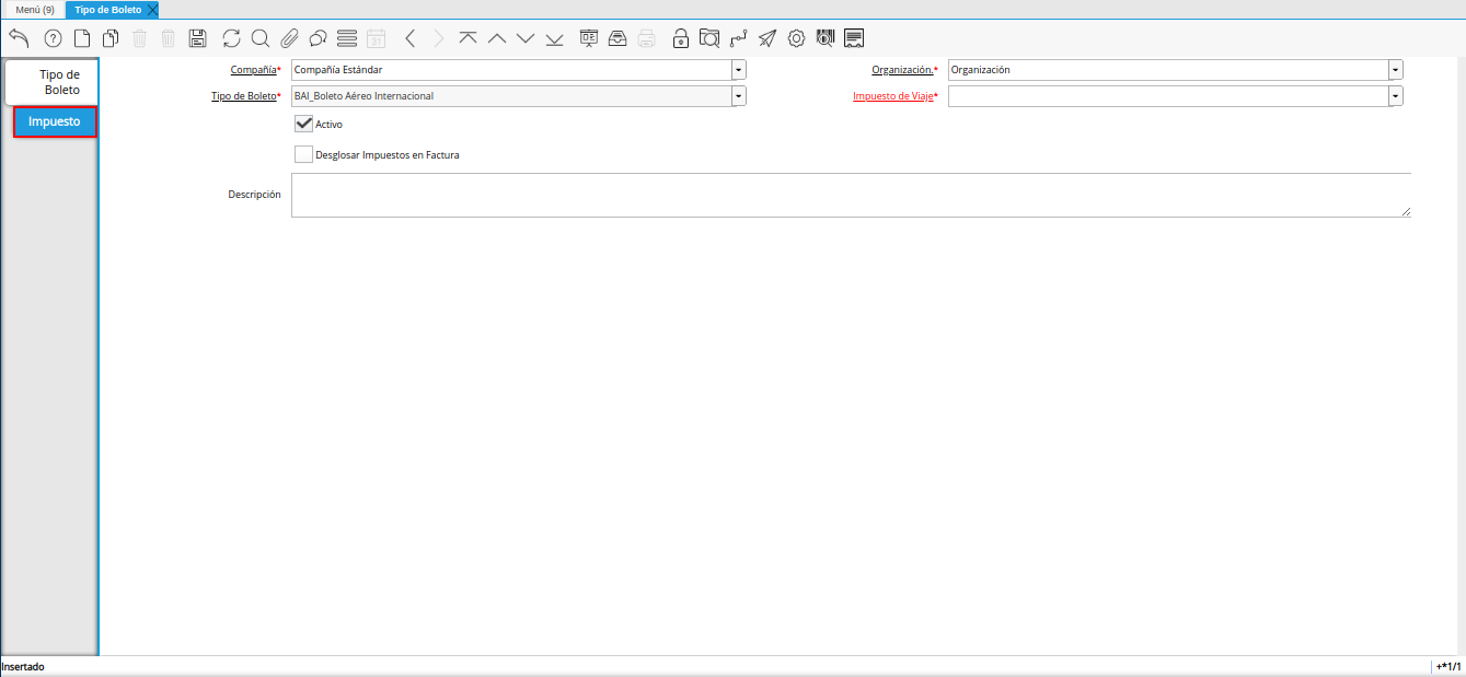 pestaña impuesto de la ventana tipo de boleto