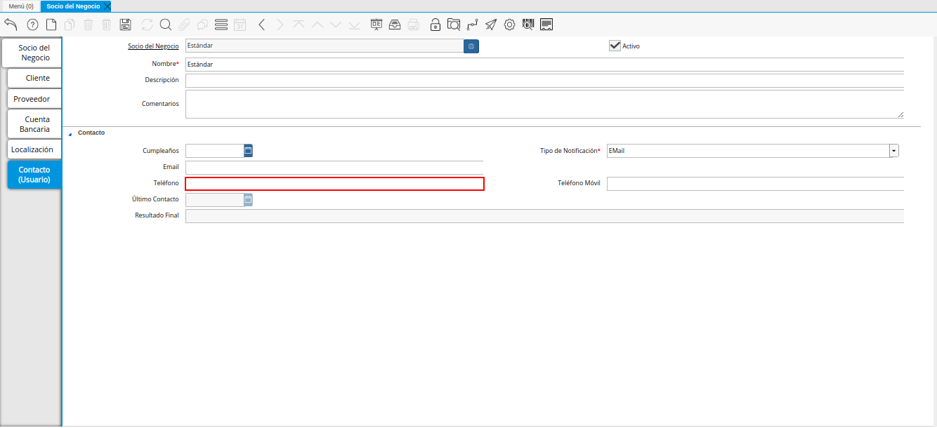 Campo Teléfono de la Pestaña Contacto del Registro Proveedor