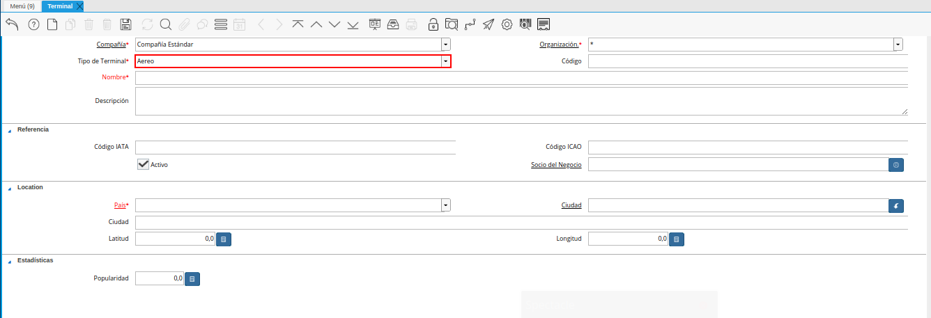 campo tipo de terminal de la ventana terminal