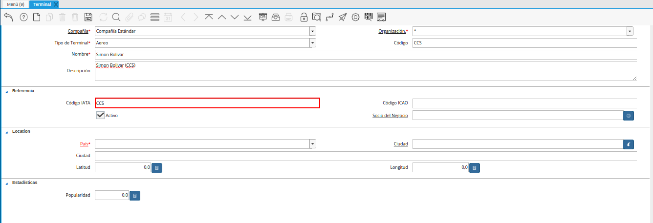 campo código iata de la ventana terminal