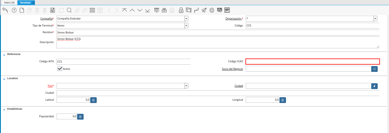 campo código icao de la ventana terminal