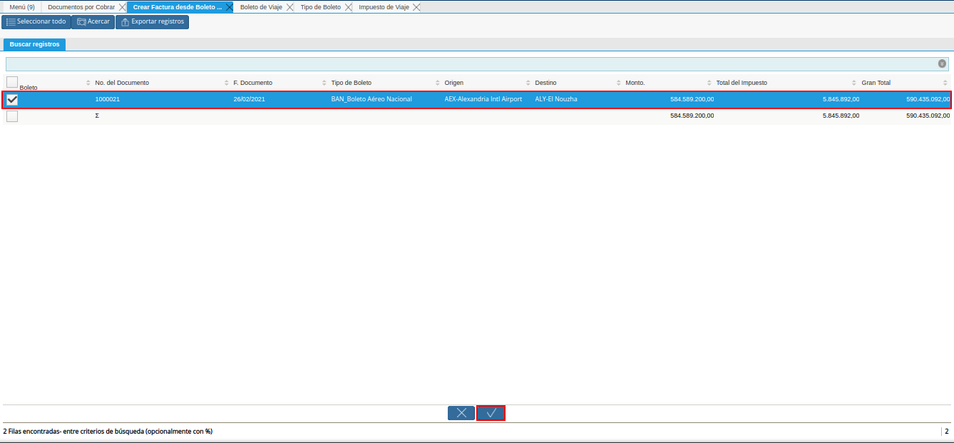 selección del boleto y opción ok