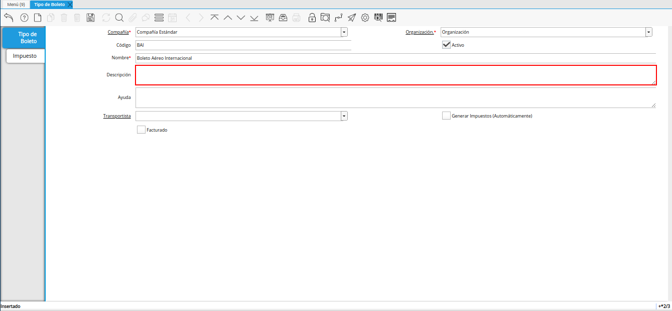 campo descripción de la ventana tipo de boleto