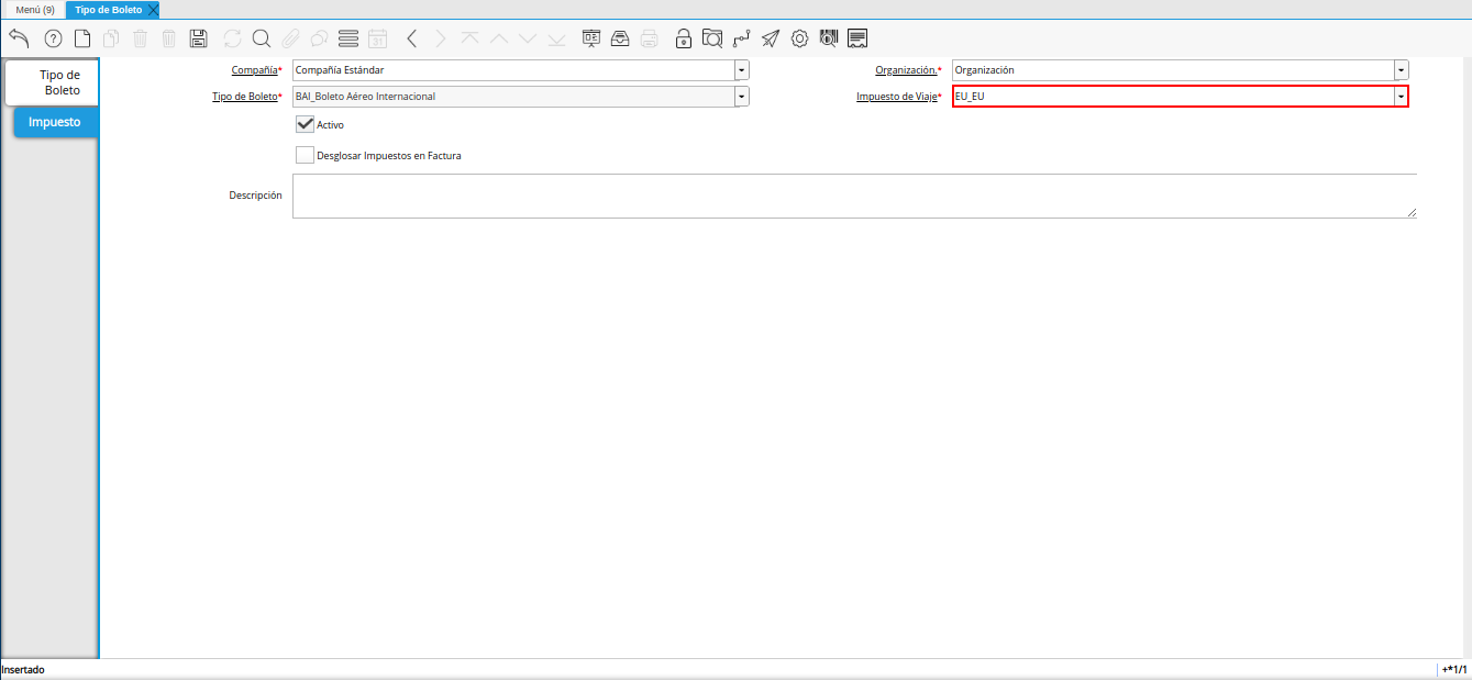 campo impuesto de viaje de la ventana tipo de boleto