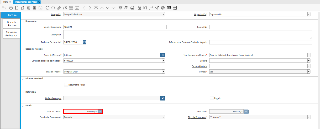 campo total lineas de la ventana documentos por pagar débito
