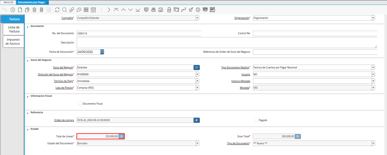 campo total lineas de la ventana documentos por pagar
