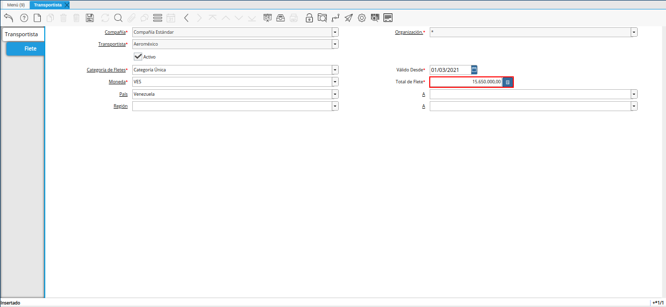 campo total del flete de la ventana transportista