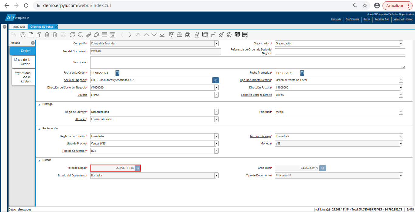 campo total de líneas de la orden de venta no fiscal