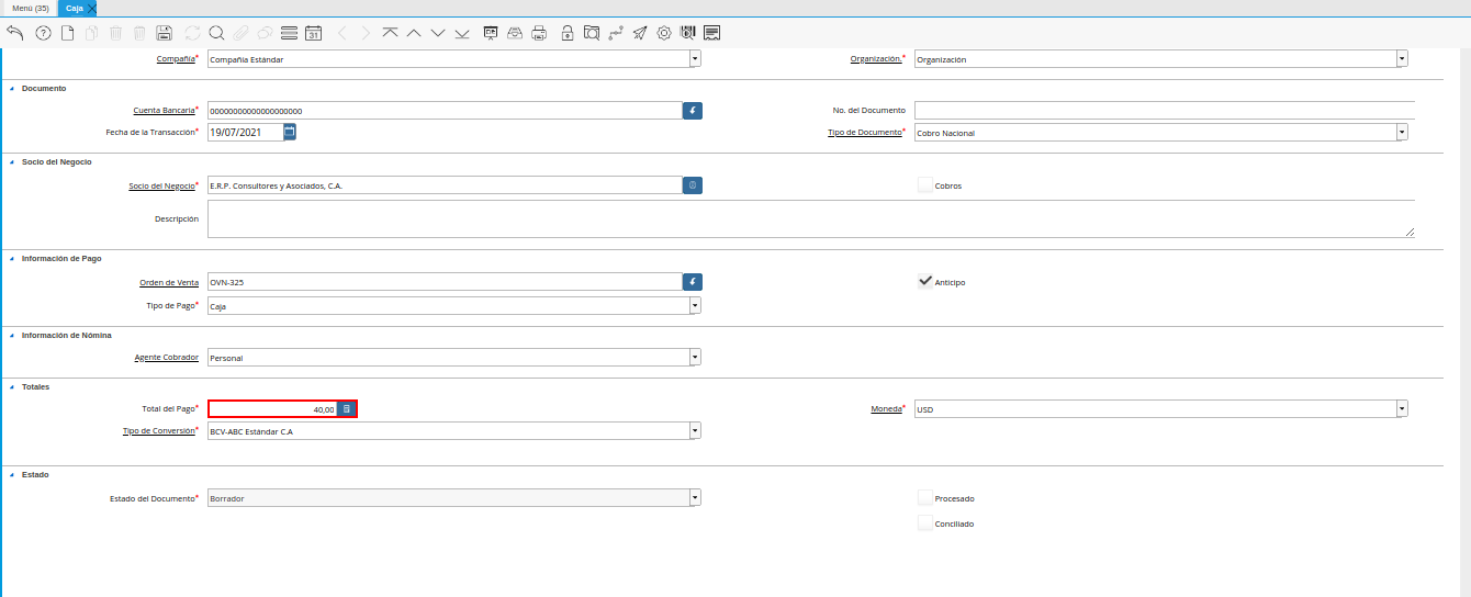 campo total del pago de la ventana caja