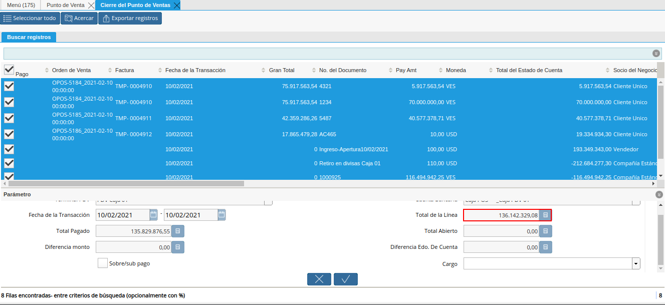 Campo Total de la Línea de la Ventana Cierre de Caja del Punto de Venta