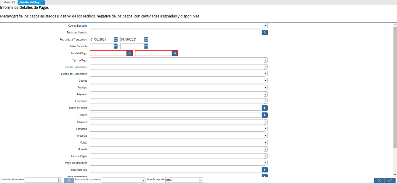 campo total del pago del reporte detalles del pago