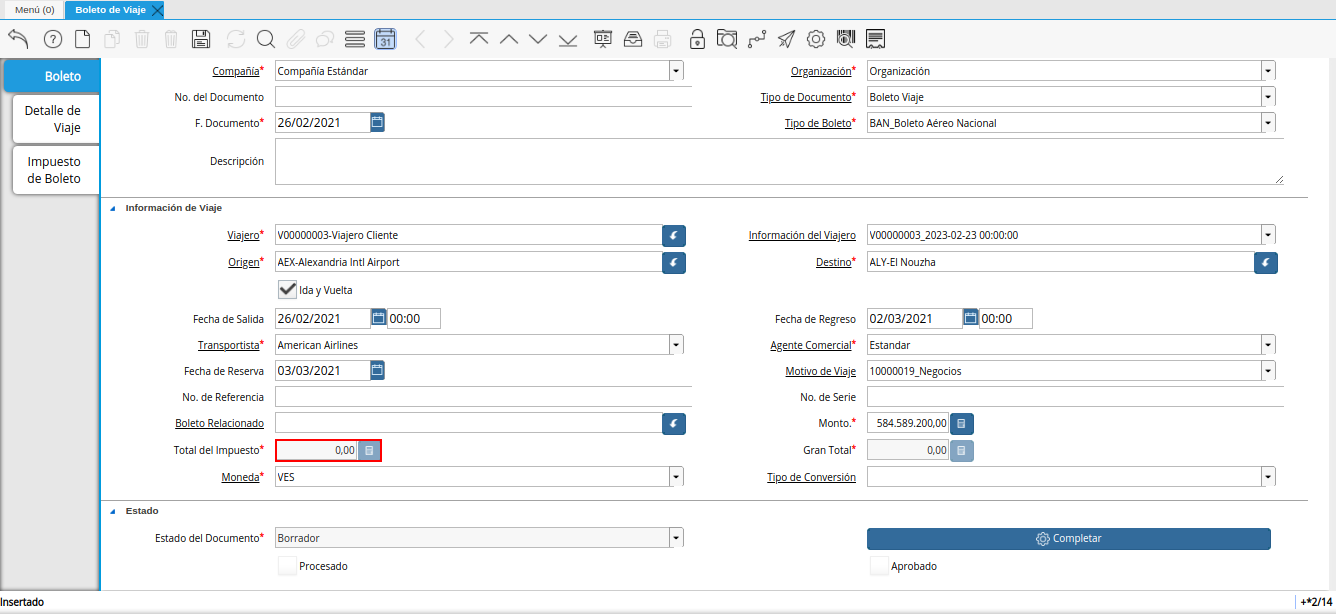 campo total de impuesto de la ventana boleto de viaje