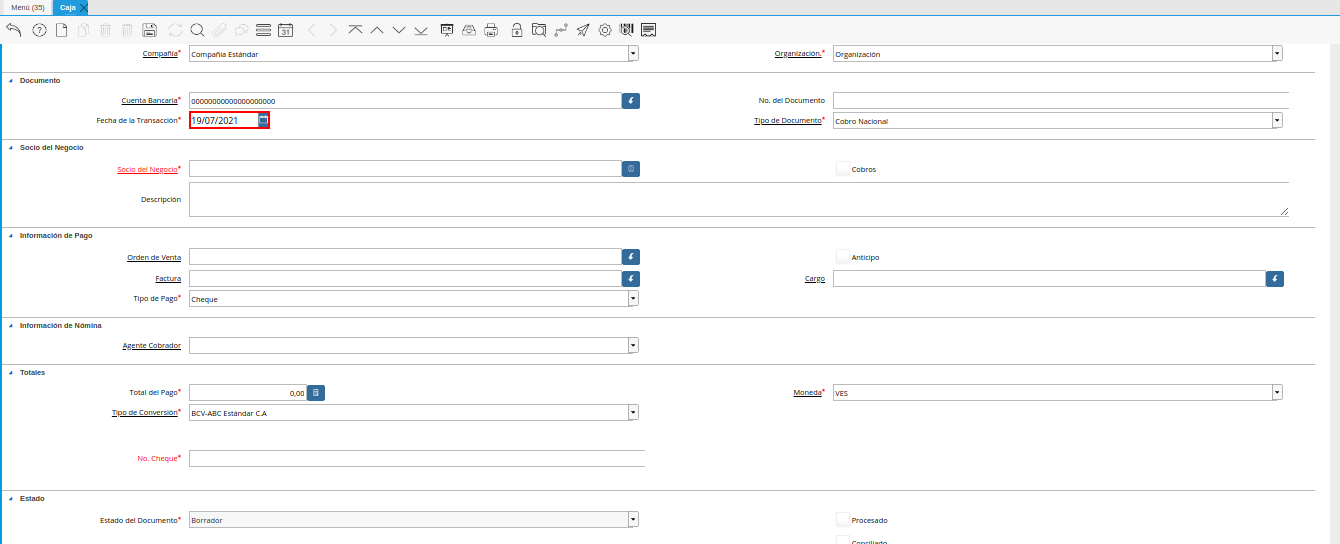 campo fecha de la transacción de la ventana caja