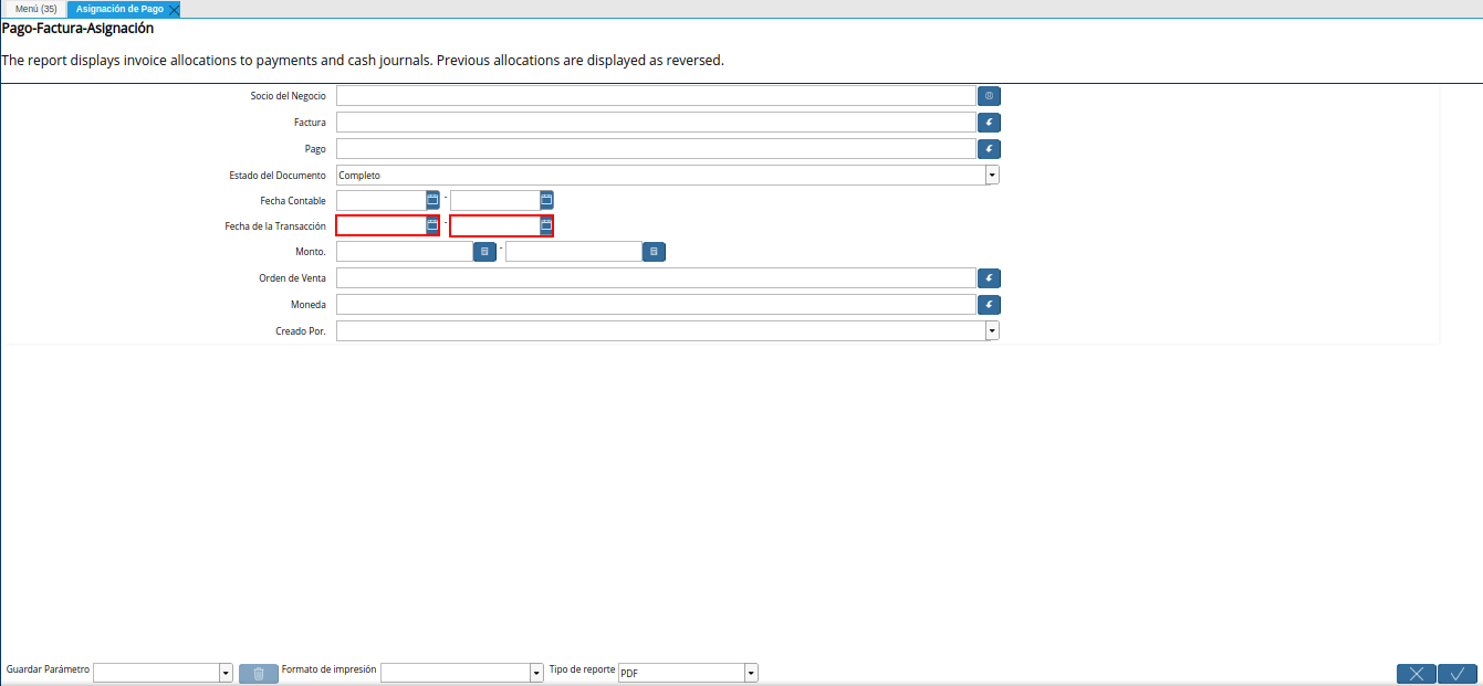 campo fecha de la transacción del reporte asignación de pago