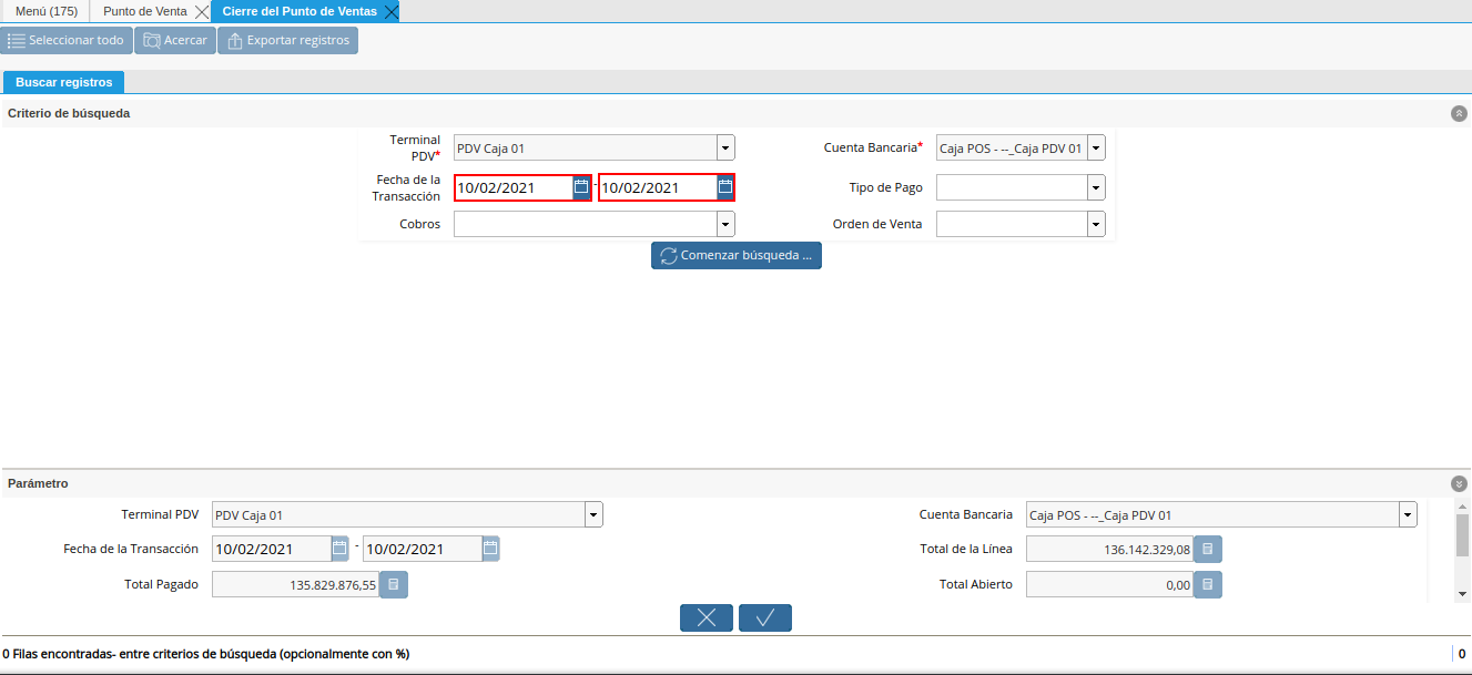 Campo Fecha de la Transacción del Filtro de Búsqueda de la Ventana Cierre de Caja del Punto de Venta