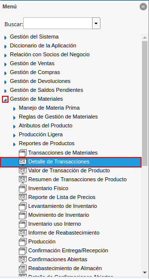 menú detalle de transacciones
