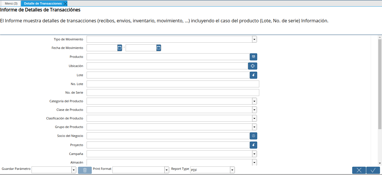 ventana detalle de transacciones