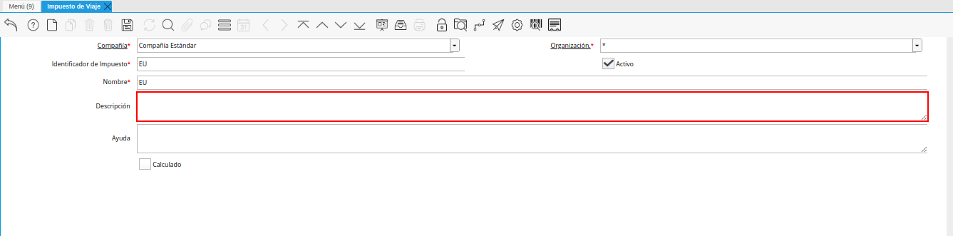 campo descripción de la ventana impuesto de viaje