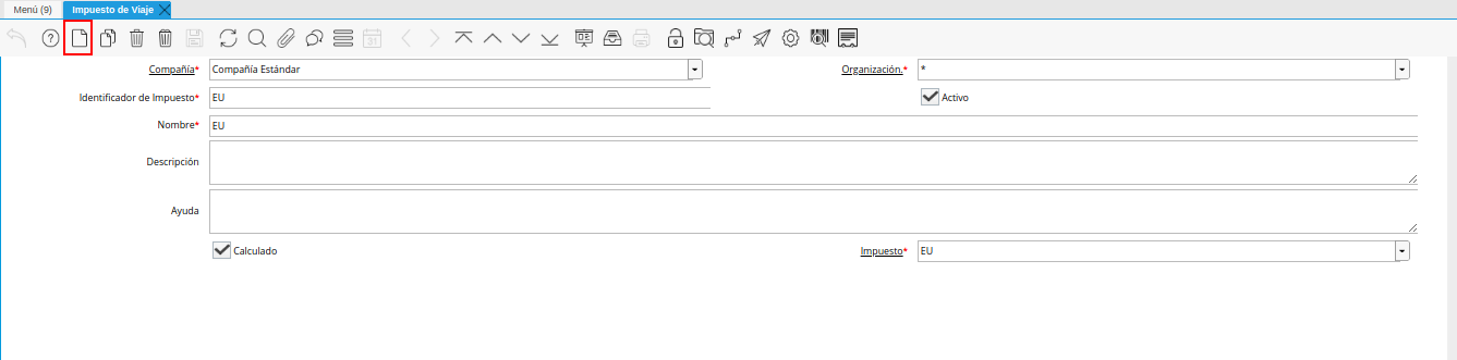icono registro nuevo de la ventana impuesto de viaje