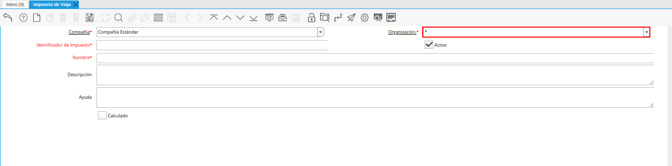 campo organización de la ventana impuesto de viaje