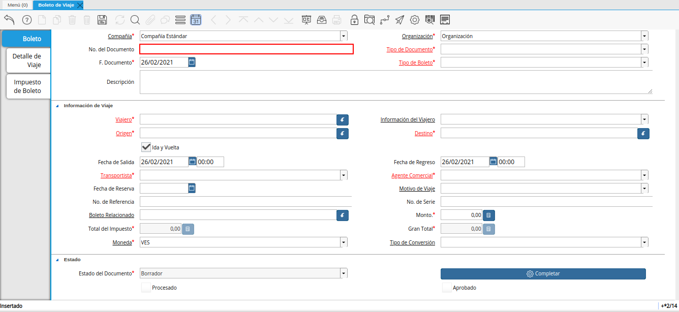 campo número del documento de la ventana boleto de viaje