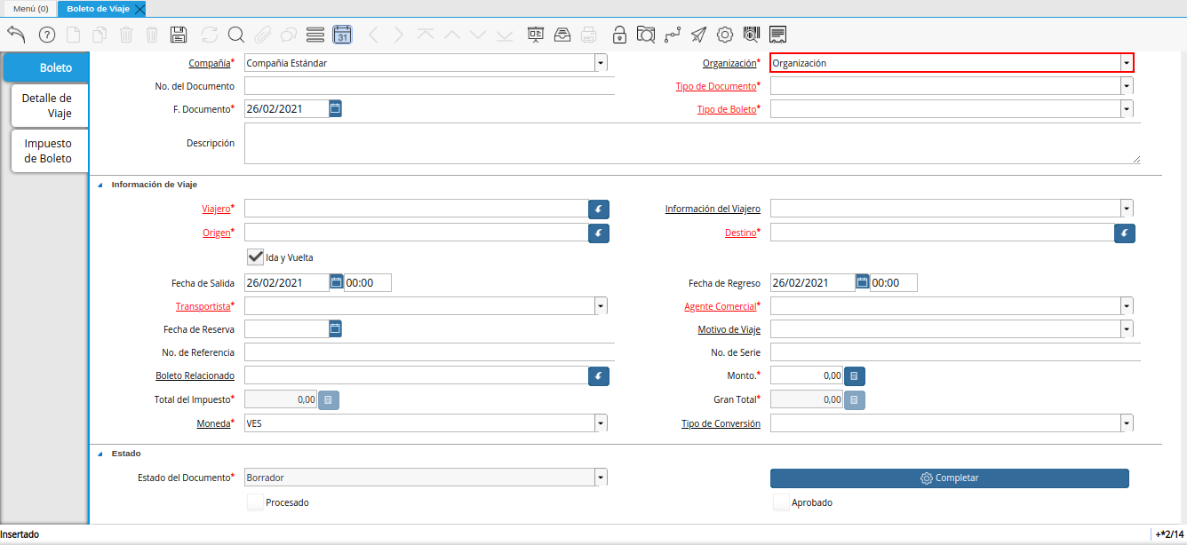 campo organización de la ventana boleto de viaje