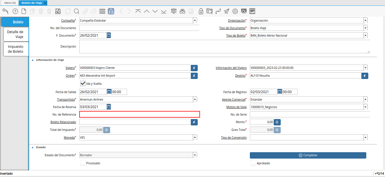 campo número de referencia de la ventana boleto de viaje