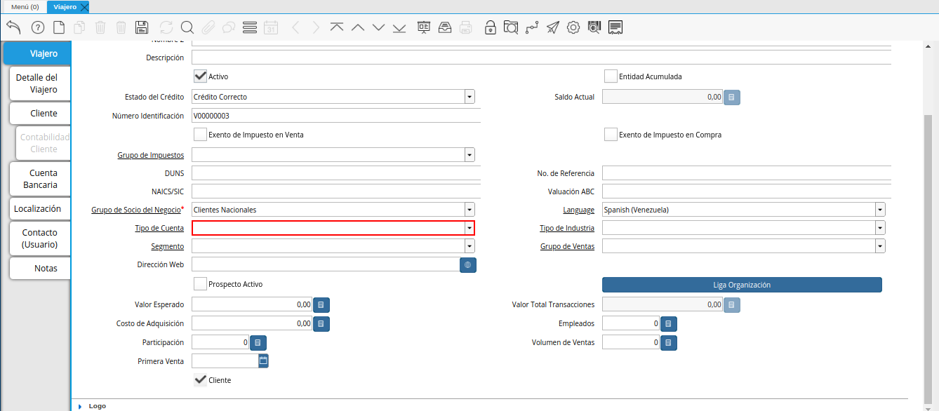 campo tipo de cuenta de la ventana viajero