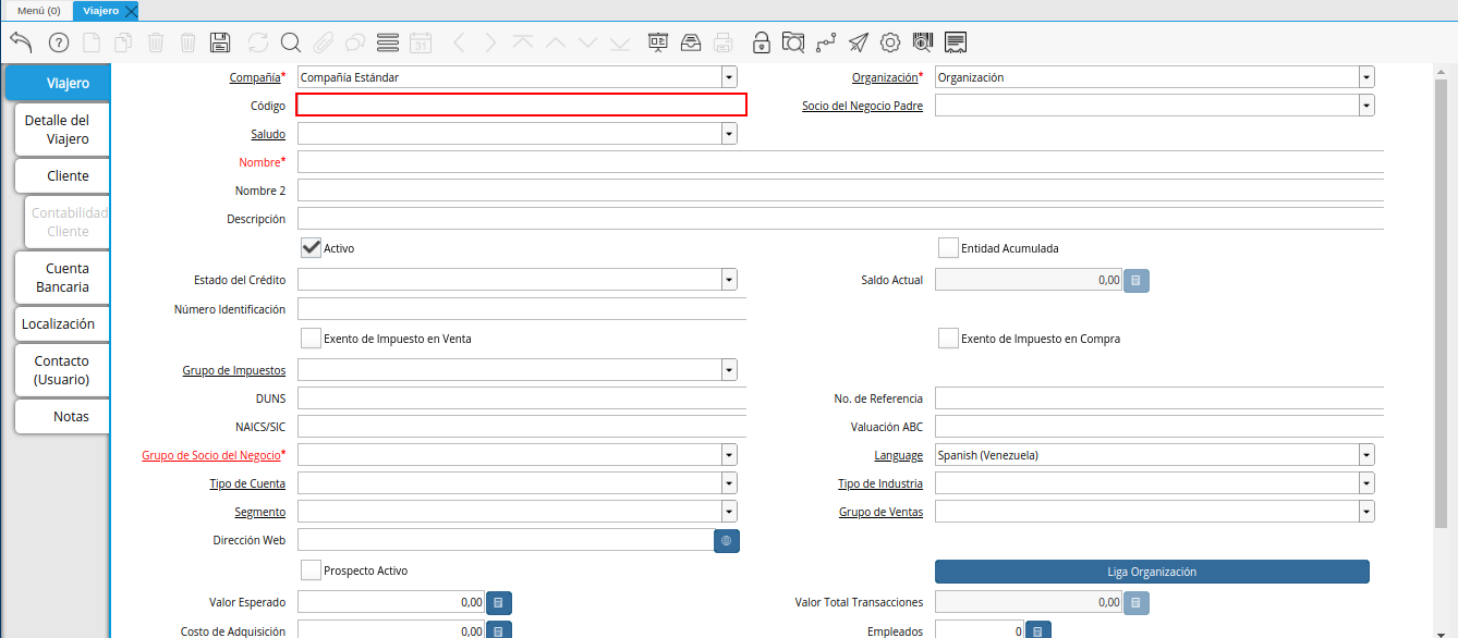 campo código de la ventana viajero