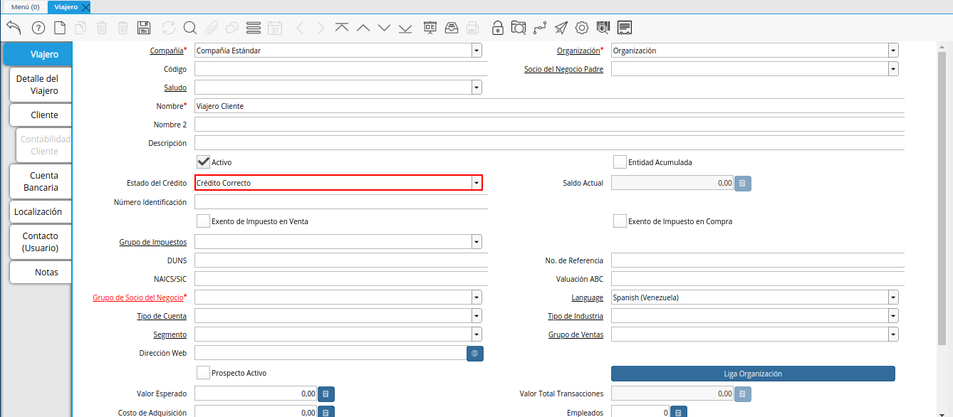 campo estado de crédito de la ventana viajero