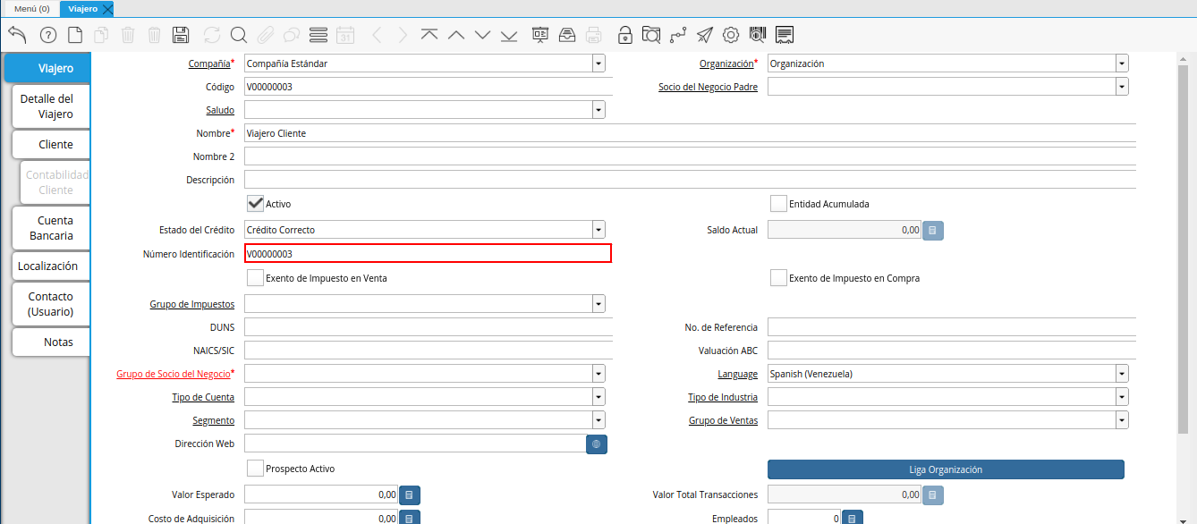 campo número identificación de la ventana viajero