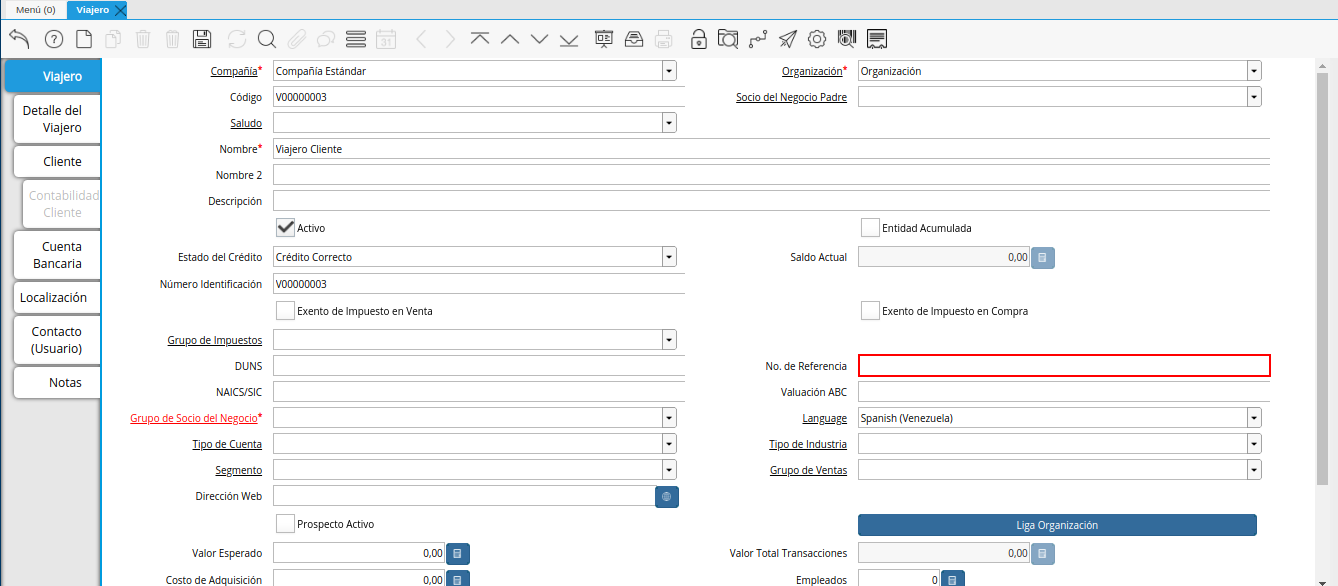 campo número de referencia de la ventana viajero
