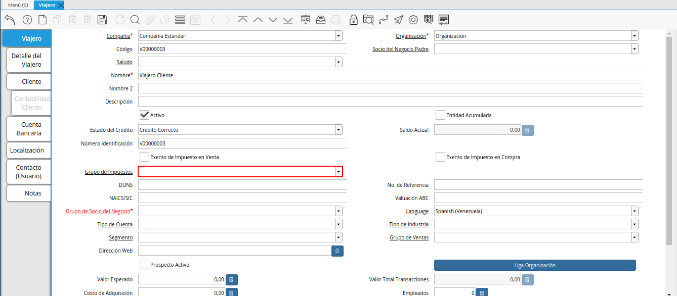 campo grupo de impuestos de la ventana viajero