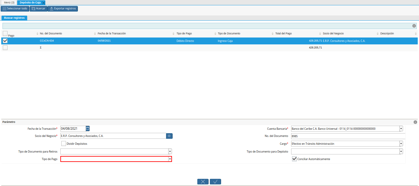 campo tipo de pago para deposito de la ventana deposito de caja