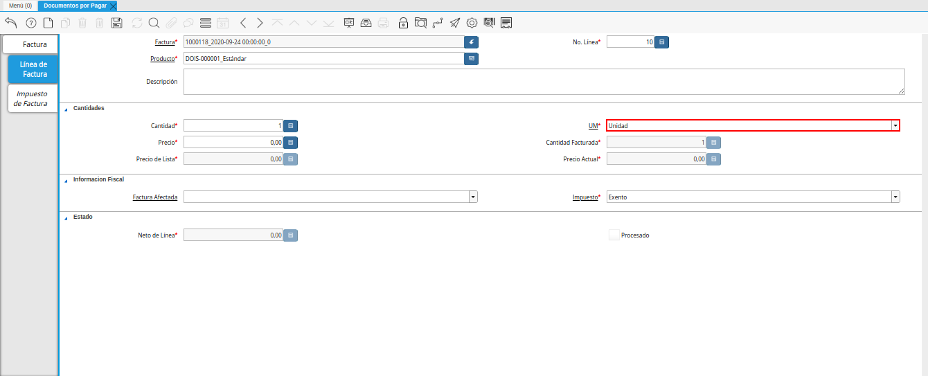 campo um de la pestaña linea de factura