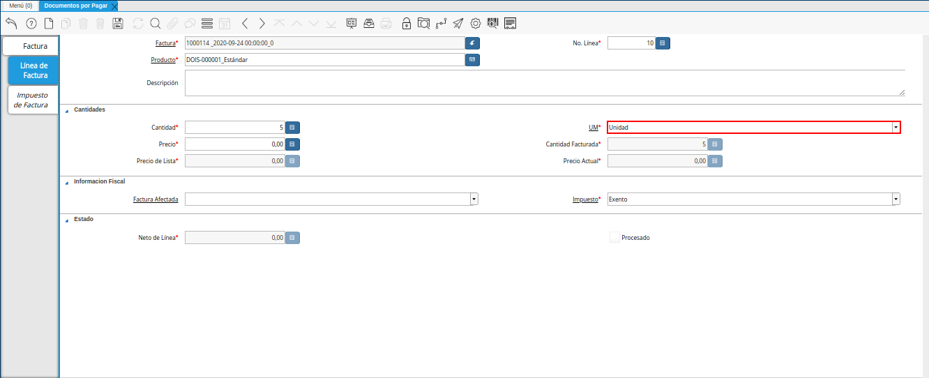 campo um de la pestaña linea de factura