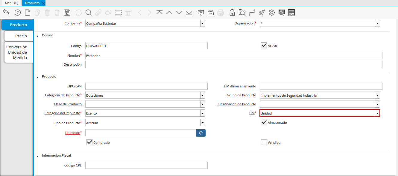 Campo UM de la Ventana Producto