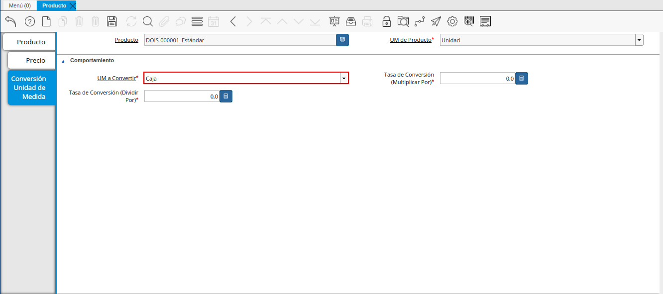 Campo UM a Convertir de la Pestaña Conversión Unidad de Medida de la Ventana Producto
