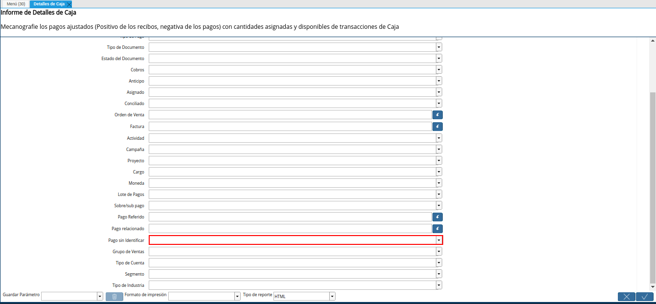 campo pago sin identificar del reporte detalle de caja