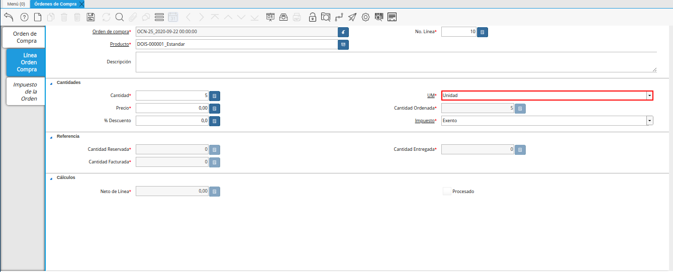 campo unidad de medida de la ventana órdenes de compra
