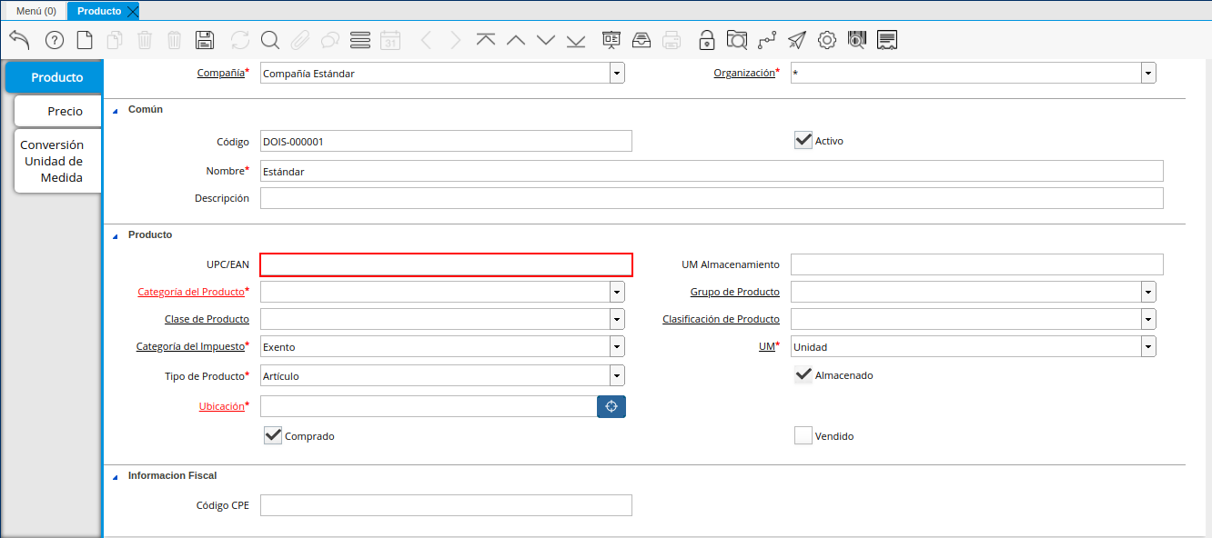 Campo UPC/EAN de la Ventana Producto