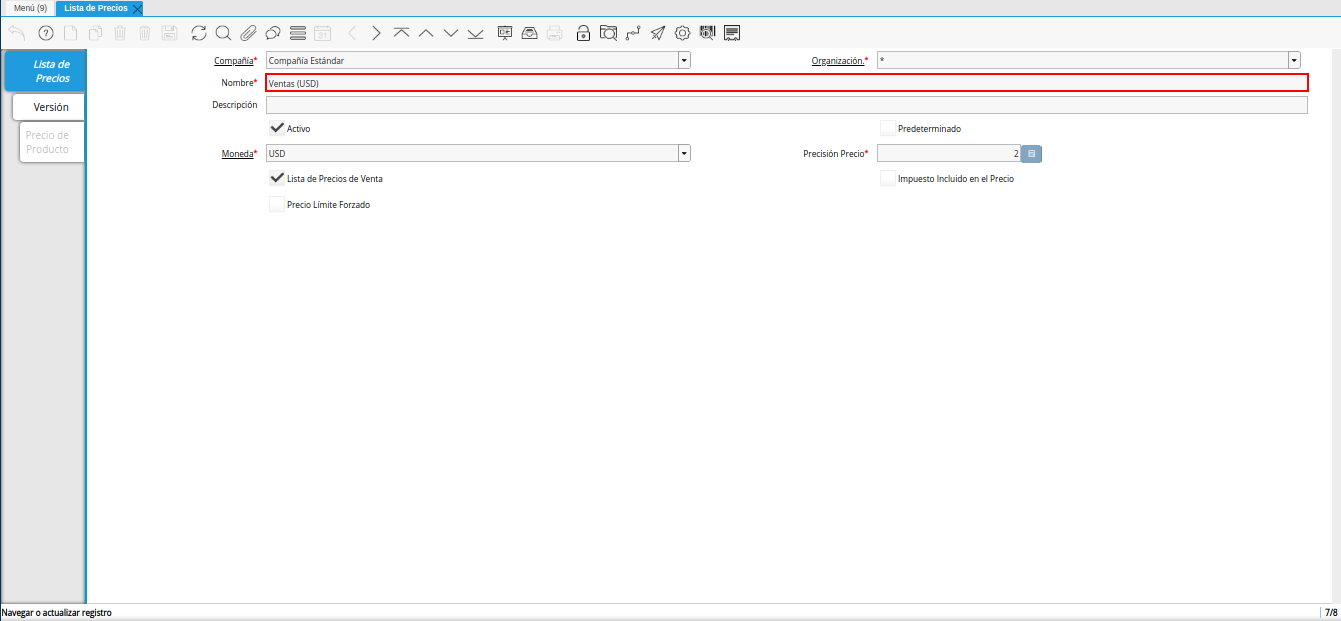 registro de ventas usd para lista de precios base