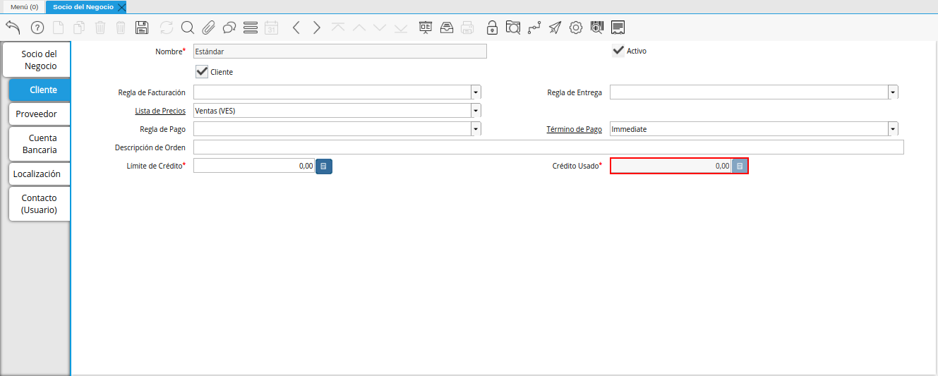 Campo Crédito Usado de la Pestaña Cliente