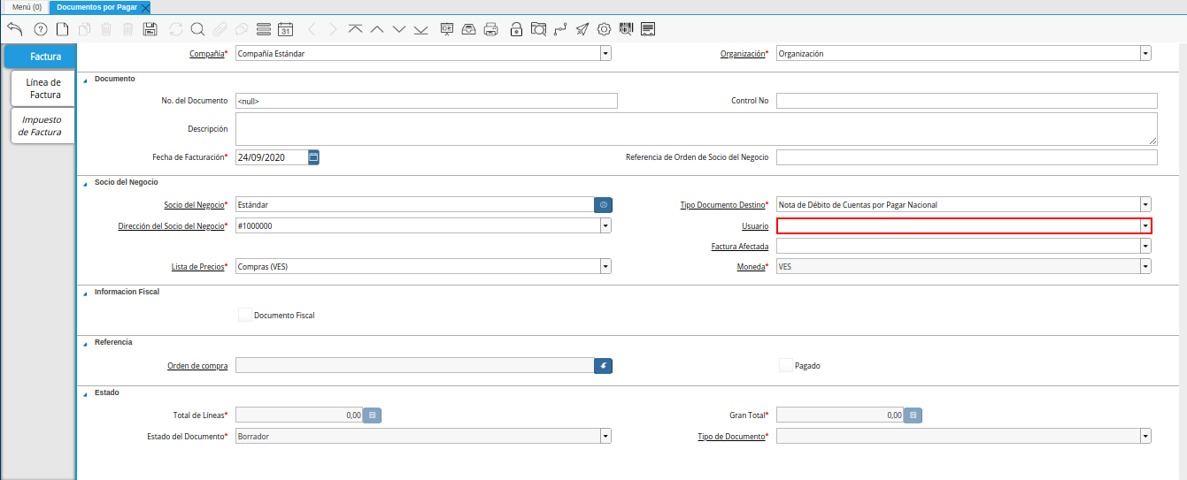 campo usuario de la ventana documentos por pagar débito