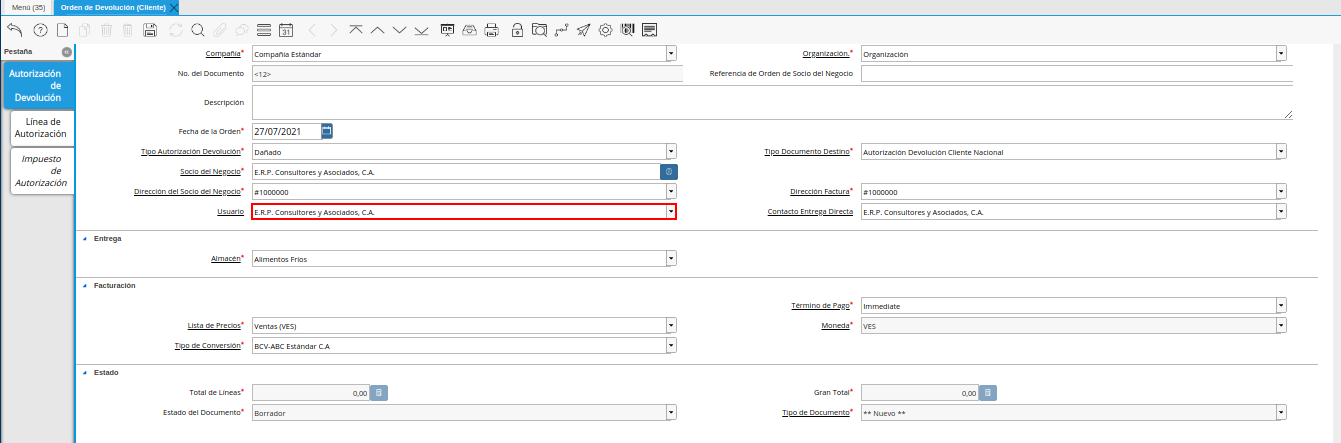 campo usuario de la ventana orden de devolución cliente