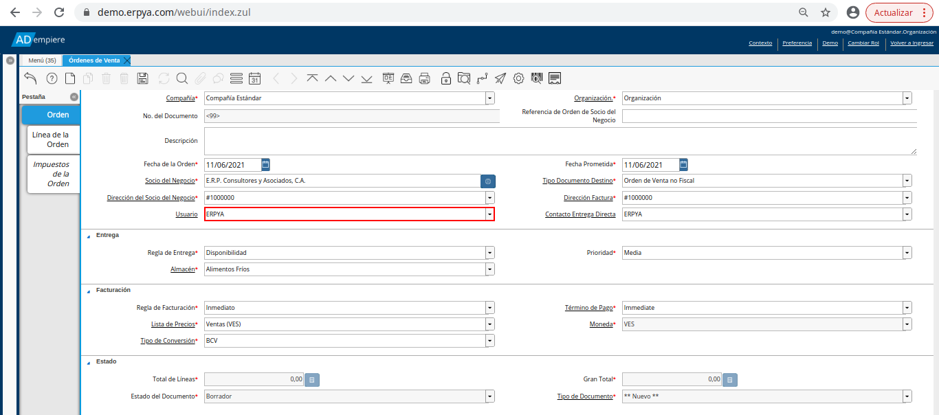 campo usuario de la orden de venta no fiscal